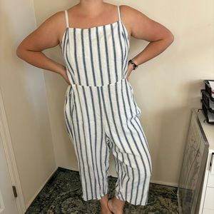 Old Navy XXL Jumpsuit Linen Blend Striped White Blue Large XL Pockets